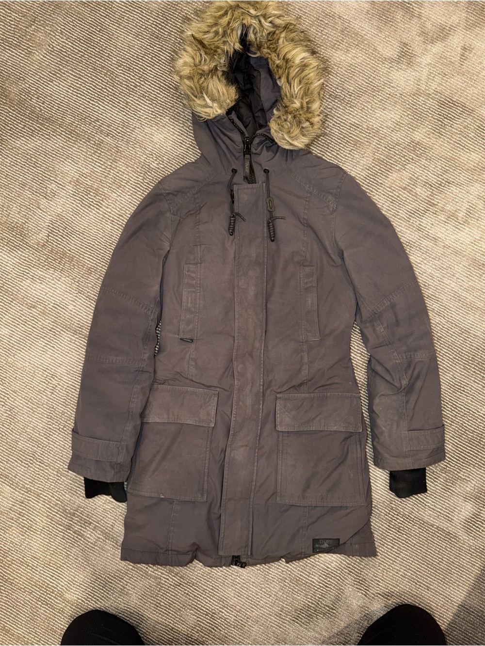 TNA Bancroft Women's Gray Hooded Trench Coat with Faux Fur Trim